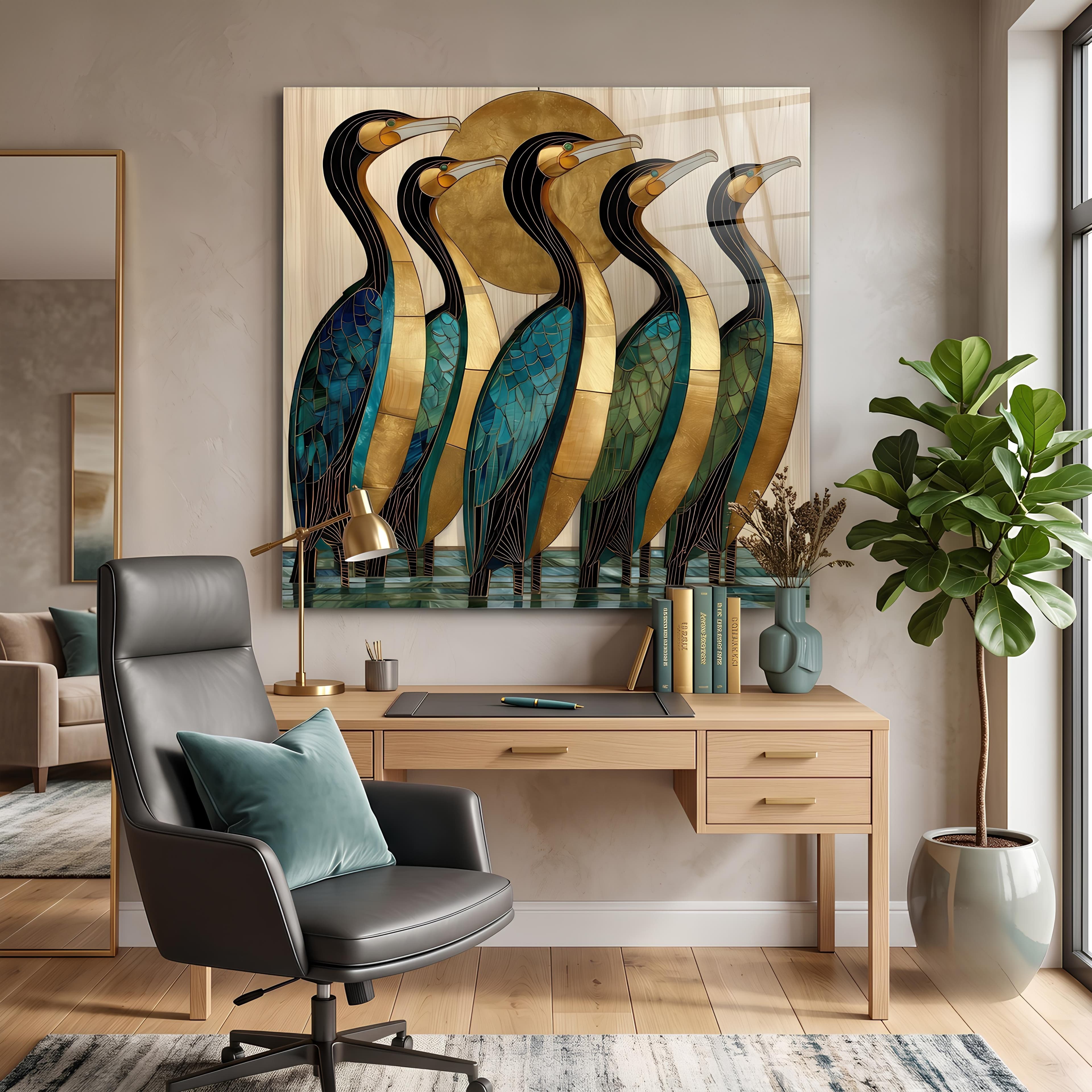 Elegant Gold & Teal Stylized Bird Wall Decor | Zaanvo